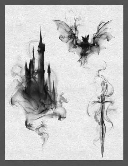 Smoky black flash sheet featuring a castle, bat and dagger