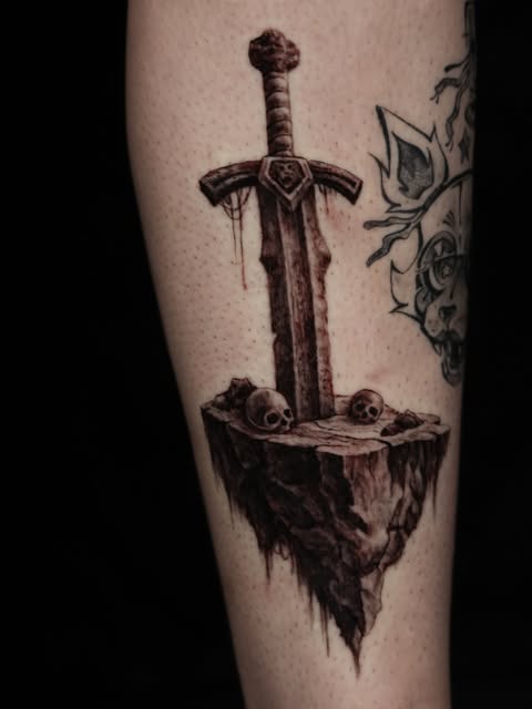 Black and grey sword, skulls and floating earth tattoo
